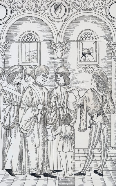 Læge undersøger patienters urin, træsnit af Unknown artist
