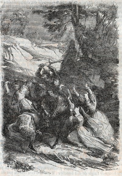 Doralice og Isabelle vil adskille Mandricard og Zerbin - indgravering af 1851 fra "" Roland furieux"" af Unknown artist