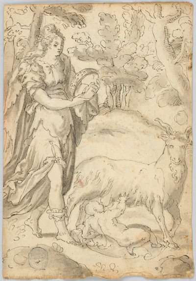 Tegning: A) Rhea og spædbarnet Jupiter. B) Sankt Frans af Assisi af Unknown artist