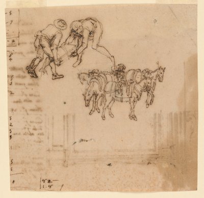 Tegning: A) To mænd med en kuffert; fire muldyr med en driver. B) Projekt til en ramme af Unknown artist