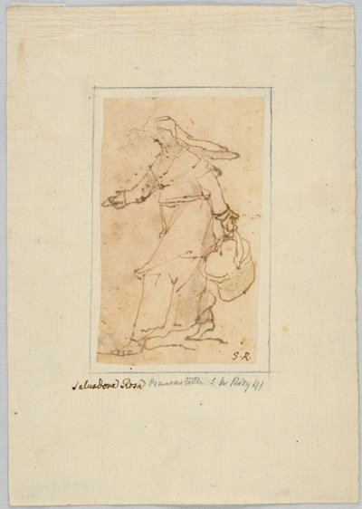 Tegning: Skitse af en kvinde, der går og bærer en kurv af Unknown artist