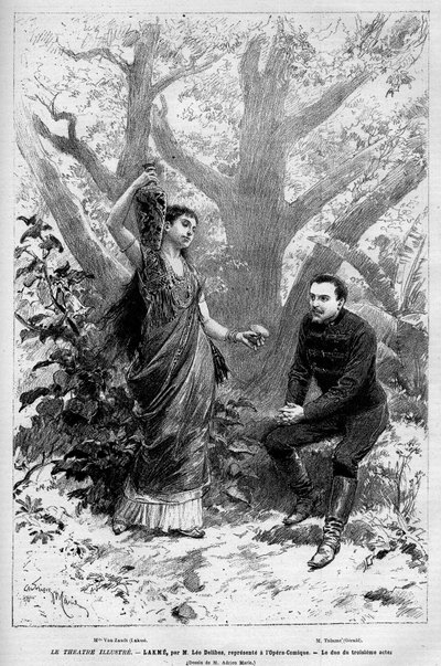 Duo af tredje akt med sangerinden Marie van Zandt fra operaen "Lakme" af Leo Delibes, Edmond Gondinet og Philippe Gille optrådte for første gang den 14. april 1883 på Opera Comique i Paris. Indgravering i "" Le Monde illustrious"" 1883. Privat kolle af Unknown artist