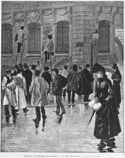 I valgperioden i Paris; plakatklistermærker under valget den 27. januar 1889, kulminerende i bagerkampagnen - Musee Carnavalet. af Unknown artist