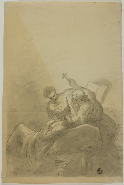 Døende mand overværet af to figurer, der holder stearinlys, bog og kors af Unknown artist