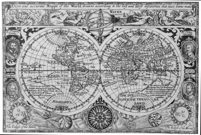 Verdenskort fra begyndelsen af det 17. århundrede, efter Mercator, med indsatte portrætter af opdagelsesrejsende (Drake, Magellan, Thomas Cavendish og Oliver van der Nort), elementerne og formørkelser. af Unknown artist
