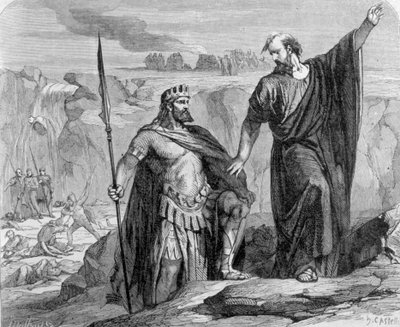 Elias advarede Akab om, at regnen er nært forestående. I baggrunden ser vi tilbedelsen af Baal (Ba