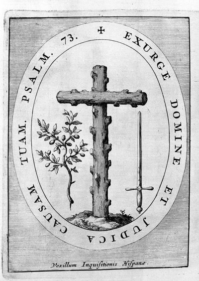 Den spanske inkvisitions emblem: kors, olivengren og sværd. 17. århundrede af Unknown artist