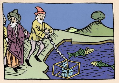 Kejser Alexander den Store (356-323 f.Kr.) satte i havet i en tønde (klokke). Xylografi af det 15. århundrede. af Unknown artist