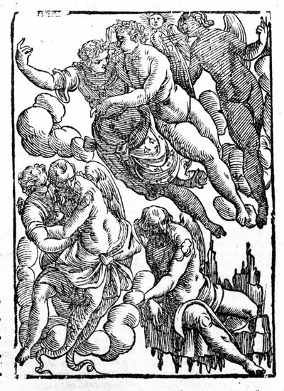 Eole (nederst til højre) og vind. "Mytologier eller forklaringer af historierne" givet af Natalis Comitis. Padova 1677 af Unknown artist