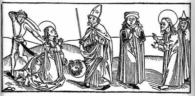 Episode af Saint James the Majors liv: helgenen halshugges under øjnene af Herodes af Agrippa, konge af Judæa. Indgravering fra “Leben der Heiligen - sommerteil” (Helgenbogen) af Jacobus (James) af Voragine (1228-1298). Lübeck 1488. af Unknown artist