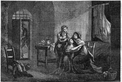 Eugene og Hortense Beauharnais trøster deres mor Josephine de Beauharnais i sit fængsel (Prison des Carmes) af Unknown artist
