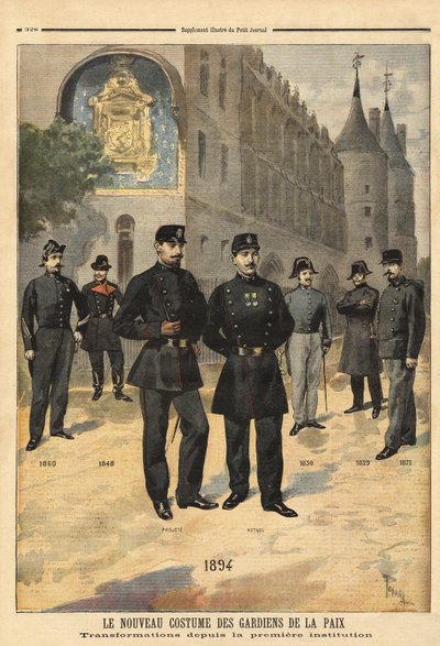 Udvikling af uniformer af fredsbevarende (eller bysergenter) fra 1860 til 1894, foran klokketårnet på Concierge, Paris. Indgravering i "" Le petit journal"" 09/1894. Selvas samling. af Unknown artist
