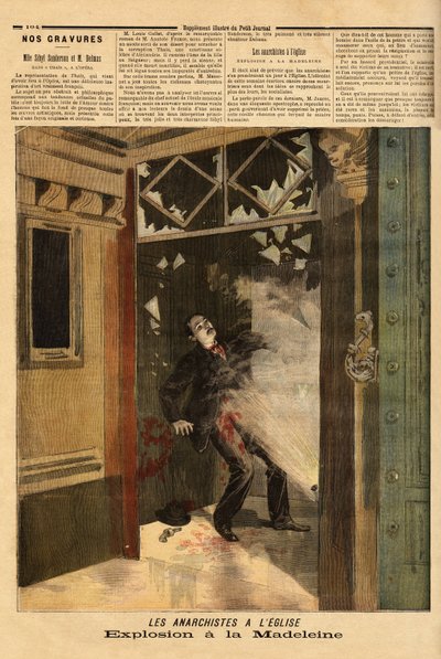 Eksplosion i kirken La Madeleine i Paris, den anarkistiske forbryder, det eneste offer, har virkningerne af sin egen bombe. Indgravering i "" Le petit journal"" 26/03/1894. Selvas samling. af Unknown artist