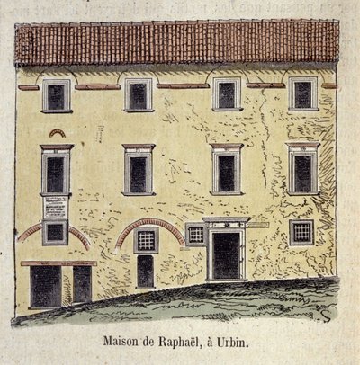 Facaden på huset, hvor maleren Raffaello Santi (Raphael) (1483 - 1520) boede i Urbin, Italien af Unknown artist
