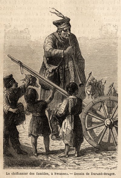 Familieklud i Swansea. Tegning af Durand Brager, for at illustrere et besøg på de store fabrikker i Wales i 1862, af L.Simonin. Indgravering i "" Le tour du monde"", redigeret af Edouard Charton af Unknown artist