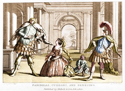 Farinelli (Carlo Broschi, dit; 1705 - 1782) med sopranen Cuzzoni og kastraten Francesco Bernardo Senesino (1680 - 1750) i operaen af ​​George Frederick Handel (Georg Friedrich Handel af Unknown artist