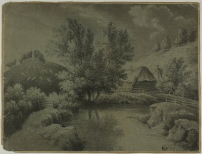 Gård med dam i forgrunden, køer græsser på bakken af Unknown artist