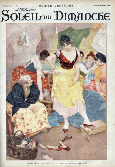 Mode sidst i det 19. århundrede: nye sko fra Venedig. Kvinder prøver sko fra den italienske by. Indgravering i "" Le sun-du-dimanche"", 8. oktober af Unknown artist