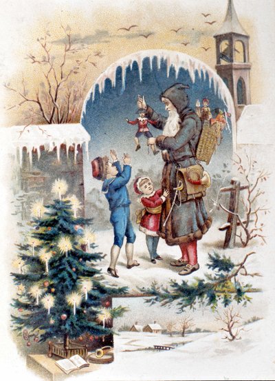 Julemanden med børn. 1892 kromolitografi. af Unknown artist