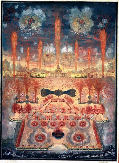 Fyrværkeri og belysninger den 16. juni 1744 i Moskva (Rusland). Anonymt værk, akvarel og gouache på pap, midten af ​​1700-tallet. Rokoko kunst. Statens Historiske Museum, Moskva. af Unknown artist