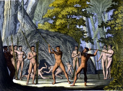 Kamp mellem botocudos, indianere fra Brasilien - i "" Det gamle og moderne kostume"" af Ferrario, red. Milano af Unknown artist