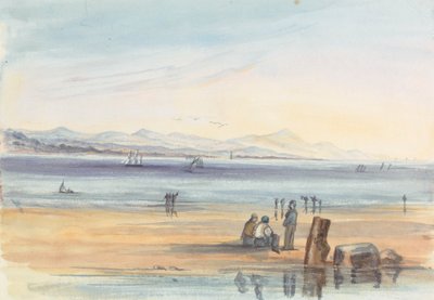 Figurer på en strand med bjerge i det fjerne af Unknown artist