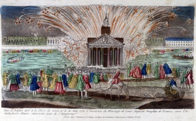Fyrværkeri affyret på Place de Louis XV den 30. maj 1770 i anledning af ægteskabet mellem Louis Auguste, Dauphin af Frankrig med ærkehertuginde Marie Antoinette, søster til kejseren. Gravering sidst i 1700-tallet. af Unknown artist