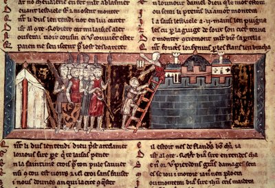 Første korstog: "Korstogene, der ankommer før Jerusalem". Miniature fra "" Chevalier au Swan et Godefroi de Bouillon"" af Unknown artist
