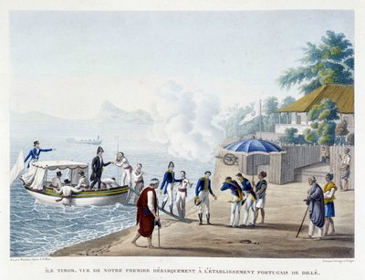 Første afbarkning af franskmændene ved den portugisiske bosættelse Dille på øen Timor. af Unknown artist