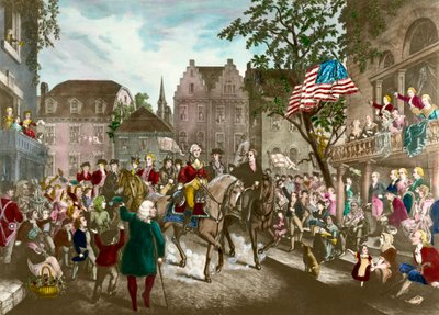 Første af den amerikanske uafhængighedskrig: George Washington (1732-1799) triumferende indtog i New York efter det engelske nederlag af Unknown artist