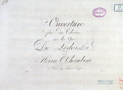 Første side med partitur af ouverture for pianoforte fra operaen "" Lodoiska"" af Luigi Cherubini af Unknown artist