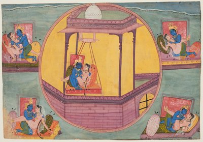 Fem stillinger af Krishna, der elsker, fra en Bikaner Bhagavata Purana af Unknown artist
