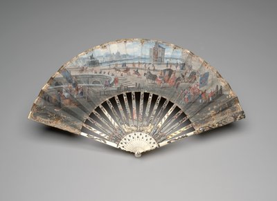 Foldevifte med udsigt til Pont Neuf, ca. 1755-60 (gouache & akvarel på dobbelt vellumblad, elfenben, forgyldning, gouache, perlemor og klistret ædelsten) af Unknown artist