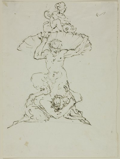 Fontæne med satyr og putto (recto); Punchinello (verso) af Unknown artist