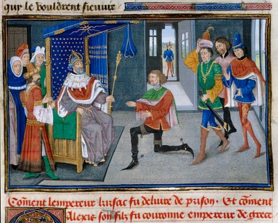Fjerde korstog: repræsentation af Alexis IV Angel (1182-1204) er kejserkrone ved siden af sin far Isaac II efter at have været i stand til at få ham ud af fængslet i 1203. Miniature fra "" Chronicle abregee"" af David Aubert af Unknown artist