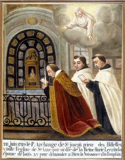 Fr. Ærkeengel af St. Joseph, Prior of the Billettes, besøger kirken Saint Anne efter ordre fra dronning Mary Leszczynska, kone til Louis XV, for at bede Gud om fødslen af en delfin, 28. juni 1729 - Ex-Voto Sainte Anne d