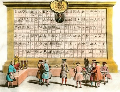 Franc-Maconnerie: møde mellem engelske maconfrancs med symboler for de vigtigste maconniske loger. 1700-tals tavle. Paris. Dekorativ kunst af Unknown artist