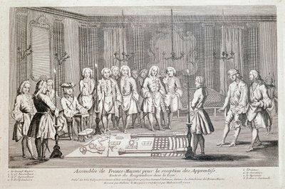 Freemaking: "Forsamling af Francs Macons for optagelse af lærlinge" Ceremoni for modtagerens indrejse i logen. Han bevæger sig fremad, med øjnene stribede, guidet af den anden vejleder, mod Stormesteren (sidder til venstre). På Th af Unknown artist