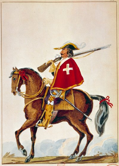 Fransk Armee: De Valmont, musketer for kardinal Richelieus vagt. Stik af det 17. århundrede. Paris, B N af Unknown artist
