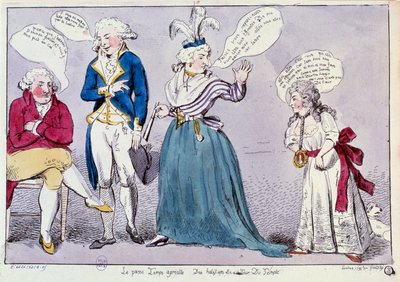 Fransk revolution: Tegnefilm mod familien til dronning Marie Antoinette (1755-1793) og Louis XVI indespærret i tempelfængslet. Dronningen og kongens søster Madame Elisabeth skændes under øjnene af kongens rester. Deres ord er skrevet i bobler af Unknown artist