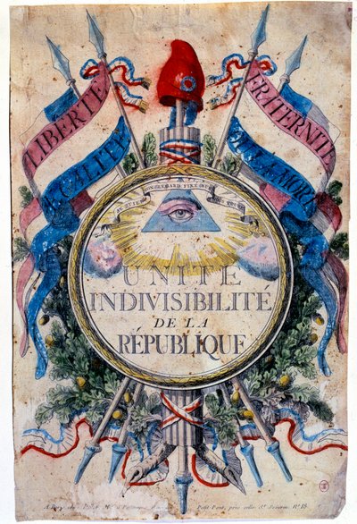 Fransk revolution: "" Liberte, egalitet, broderskab eller død. Foren republikkens udelelighed”, de revolutionære symboler af Unknown artist