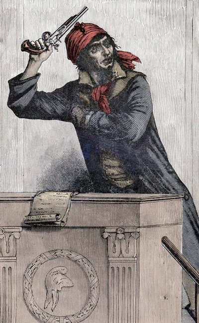 Fransk revolution: Portræt af Jean Paul Marat (1743-1793), Montagnard-deputeret ved konventet, grener en pistol ved podiet - af Unknown artist