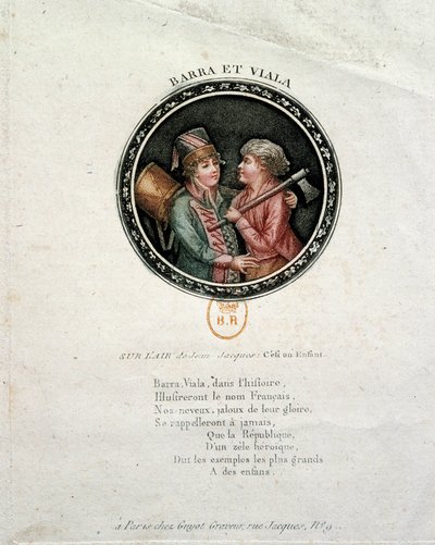 Franske revolution: repræsentation af Barra og Viala. Joseph Agricol Viala (1780-1793) og Joseph Bara (1780-1793), heltebørn fra den franske revolution, som kæmpede henholdsvis i Marseille og i Vendee for Republique. Stik af det 18. århundrede af Unknown artist