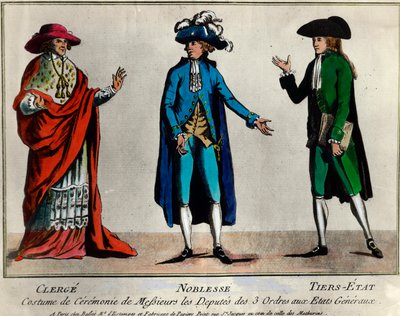 Fransk revolution: repræsentation af deputerede for de tre ordener i Generalstaterne i ceremoniel dragt: gejstligheden, adelen og den tredje stat (tredje stater). Tryk fra slutningen af 1700-tallets privatsamling af Unknown artist
