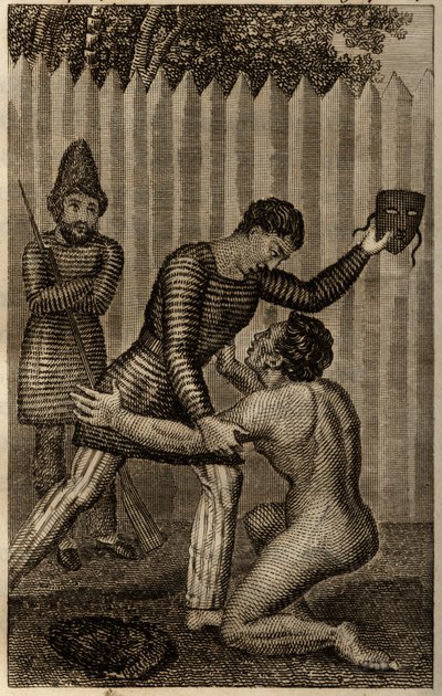 Fredag kastes i armene på Robinson Crusoe, gravering indsat i "Les aventures de Robinson Crusoe" af Daniel Defoe af Unknown artist