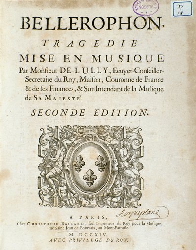 Frontispice af "" Bellerophon "" Lyrique-tragedie i fem akter med en prolog af Jean Baptiste Lully (Giovanni Battista Lulli) (Jean-Baptiste) (1632-1687). 1714. af Unknown artist