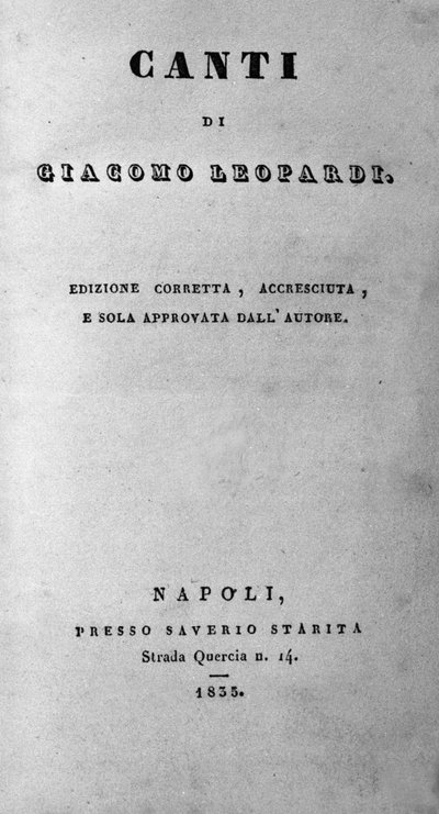 Frontispice af "" Canti "" (Chants) af den italienske digter Giacomo Leopardi (1798 - 1837) 1835 af Unknown artist
