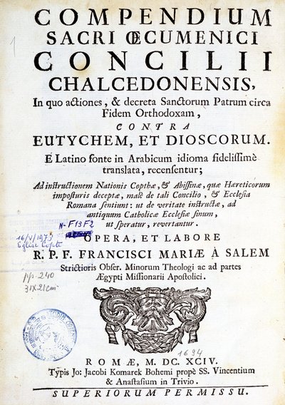 Frontispice af "Kompendium af det hellige økumeniske råd i Chalcedon"" af Unknown artist