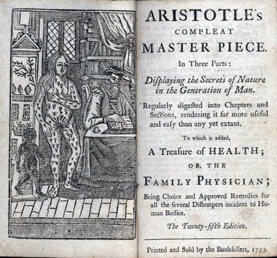 Frontispice af en medicinsk behandling af den græske filosof Aristoteles (384-322 f.Kr.). (ARISTOTTELESS KOMPLETTE MESTERSTJEK I TRE DELE. VISNING AF NATURENS HEMMELIGHEDER I MENNESKERENS GENERATION) 1753 af Unknown artist