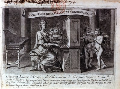 Frontispice af den anden orgelbog af Mr. Nicolas Lebègue. Fransk komponist 1631 til 1702. Organist tjente Ludvig XIV. Paris BNF af Unknown artist